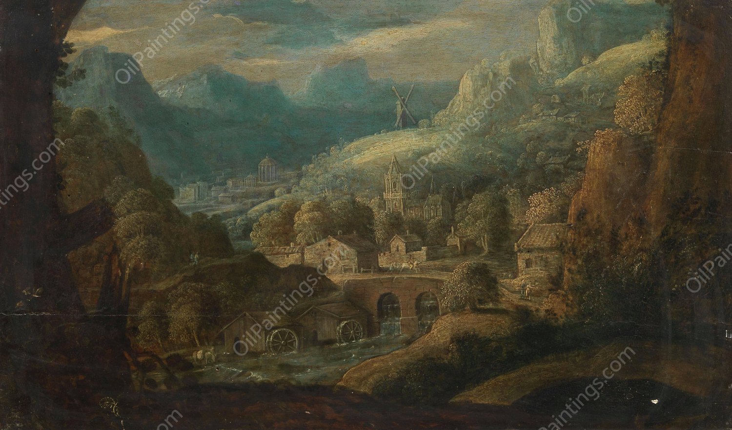 A mountainous river landscape, with water mills and a village beyond by Tobias Verhaecht - Hand-Painted Oil Painting Reproduction