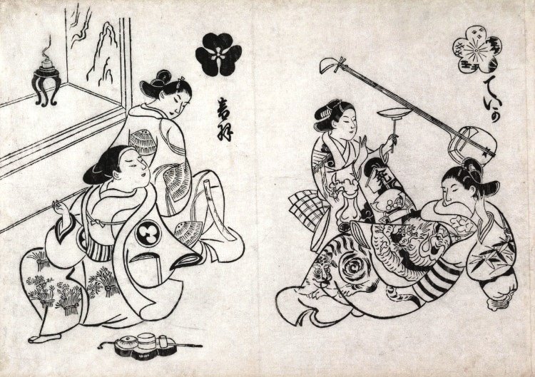 Three Courtesans with a Client by Torii Kiyonobu - Hand-Painted Oil Painting Reproduction