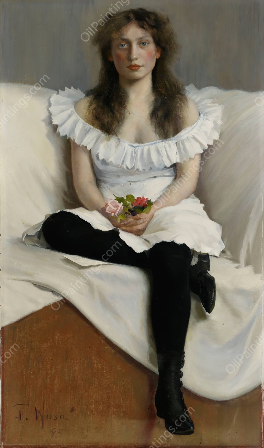 Portrait of a Young Woman in White  by Torsten Wasastjerna - Hand-Painted Oil Painting Reproduction
