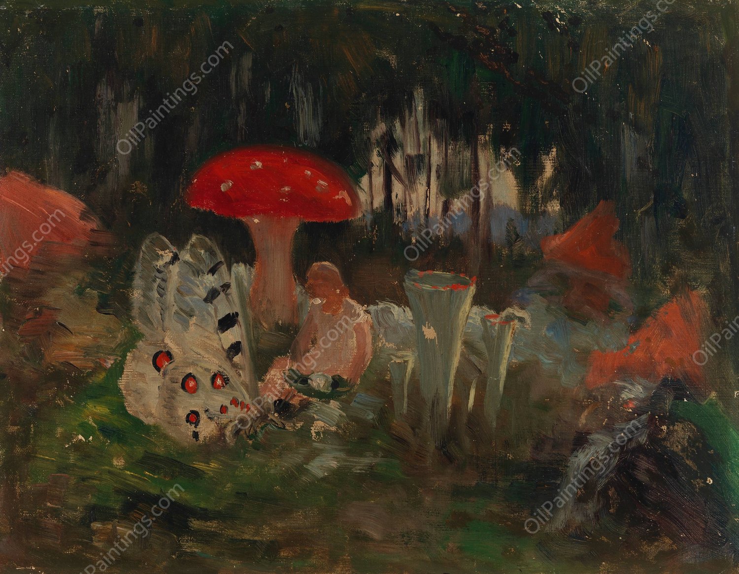 The Princess and a Butterfly Underneath a Fly Agaric  by Torsten Wasastjerna - Hand-Painted Oil Painting Reproduction