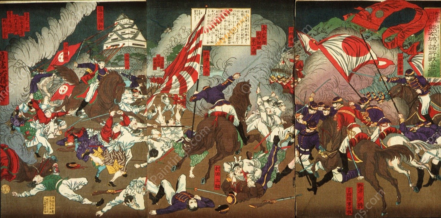 A Chronicle of the Subjugation of Kagoshima; Battle around Kumamoto Castle  by Tsukioka Yoshitoshi - Hand-Painted Oil Painting Reproduction