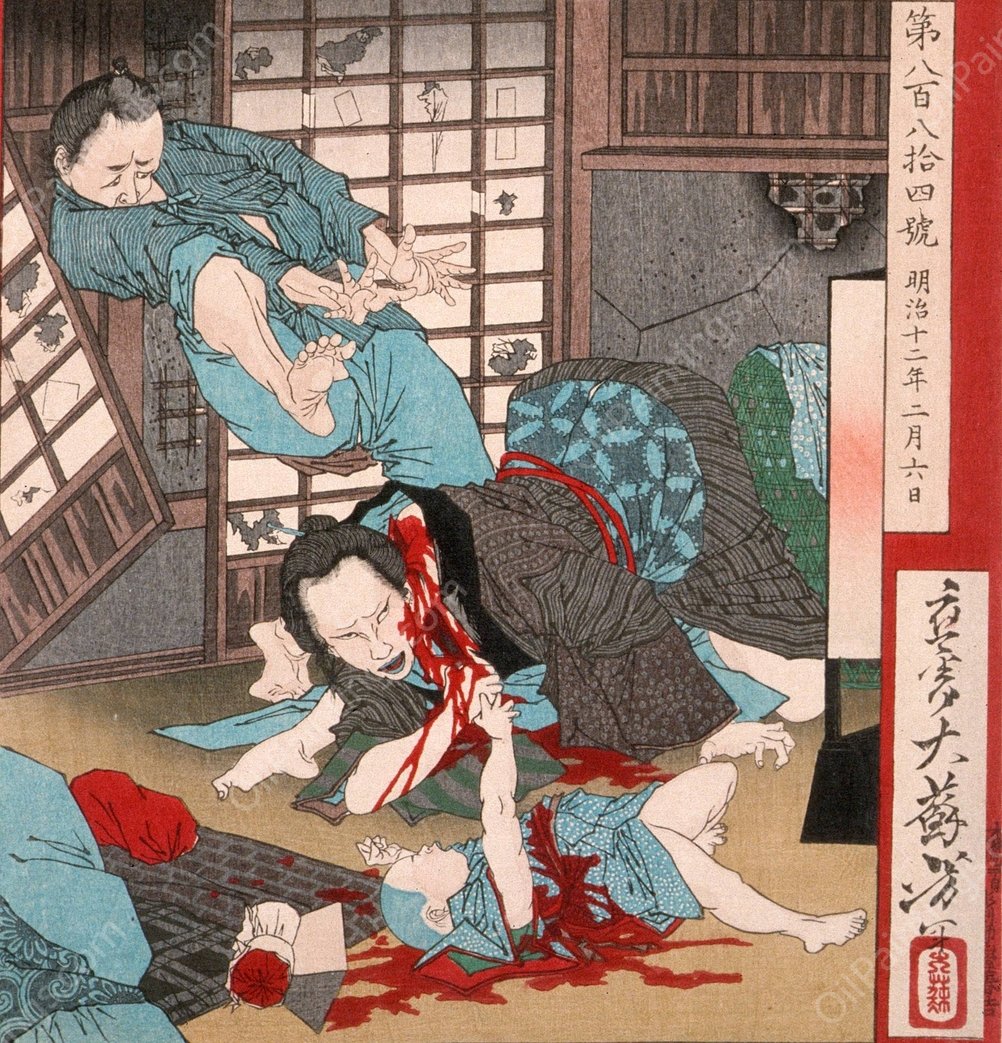 A Horrible Suicide; A Woman Slays Her Child then Kills Herself  by Tsukioka Yoshitoshi - Hand-Painted Oil Painting Reproduction