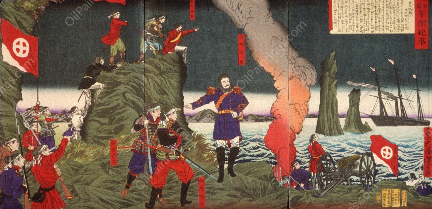 Annals of the Meiji Period; The Rebel Insurrection in the Kagoshima Disturbance  by Tsukioka Yoshitoshi - Hand-Painted Oil Painting Reproduction