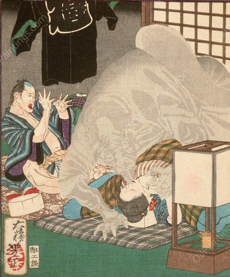 Black Monster Attacking a Carpenter's Wife in Kanda  by Tsukioka Yoshitoshi - Hand-Painted Oil Painting Reproduction