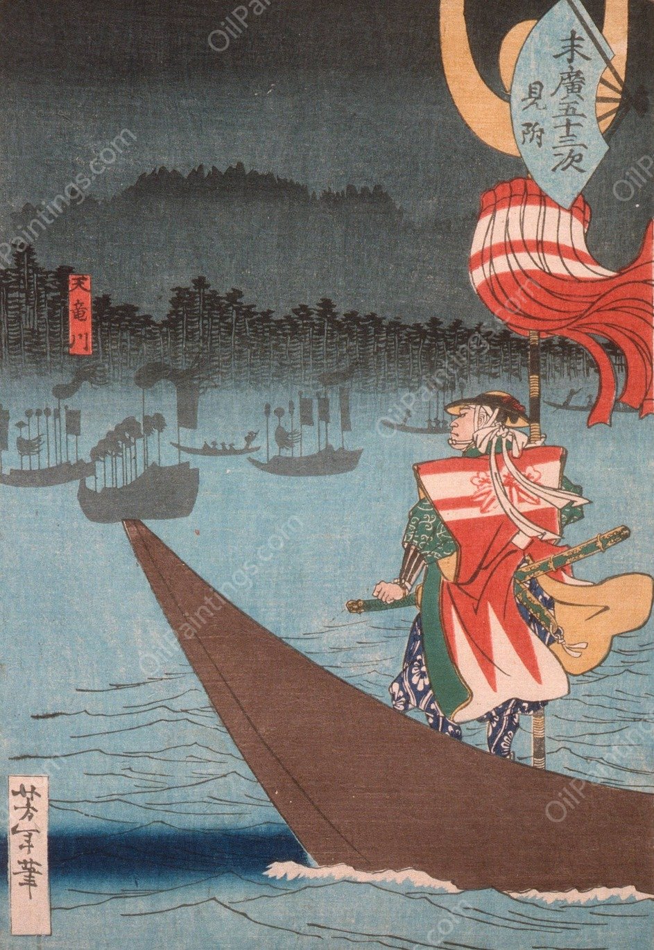 Crossing the Tenryu River at Mitsuke  by Tsukioka Yoshitoshi - Hand-Painted Oil Painting Reproduction