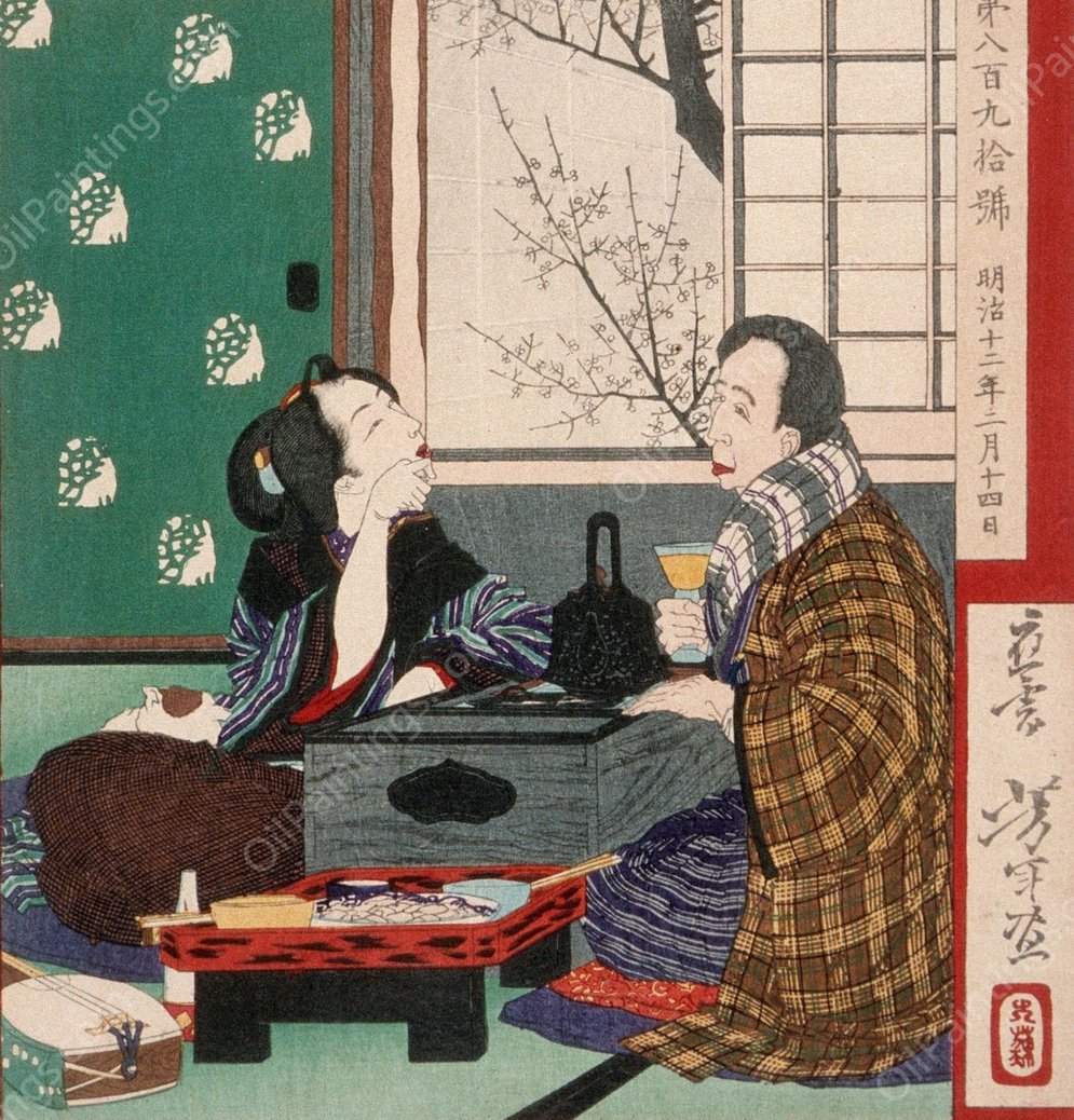 Dissolute Drinker; A Couple by a Window  by Tsukioka Yoshitoshi - Hand-Painted Oil Painting Reproduction