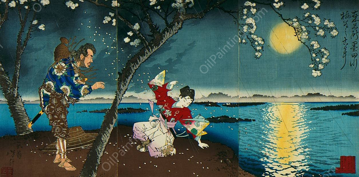 Famous Places of the East; The Ancient Incident of Umewaka and the Child Seller beside the Sumida River  by Tsukioka Yoshitoshi - Hand-Painted Oil Painting Reproduction
