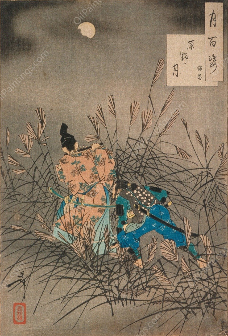 Fujiwara no Yasumasa Playing the Flute by Moonlight on an Open Moor  by Tsukioka Yoshitoshi - Hand-Painted Oil Painting Reproduction