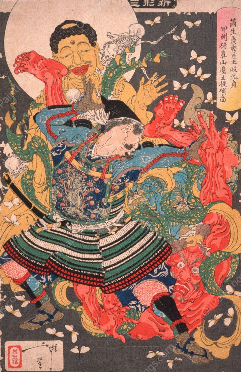 GamO Sadahide's Servant, Toki Motosada, Hurling a Demon King to the Ground at Mount Inohana  by Tsukioka Yoshitoshi - Hand-Painted Oil Painting Reproduction