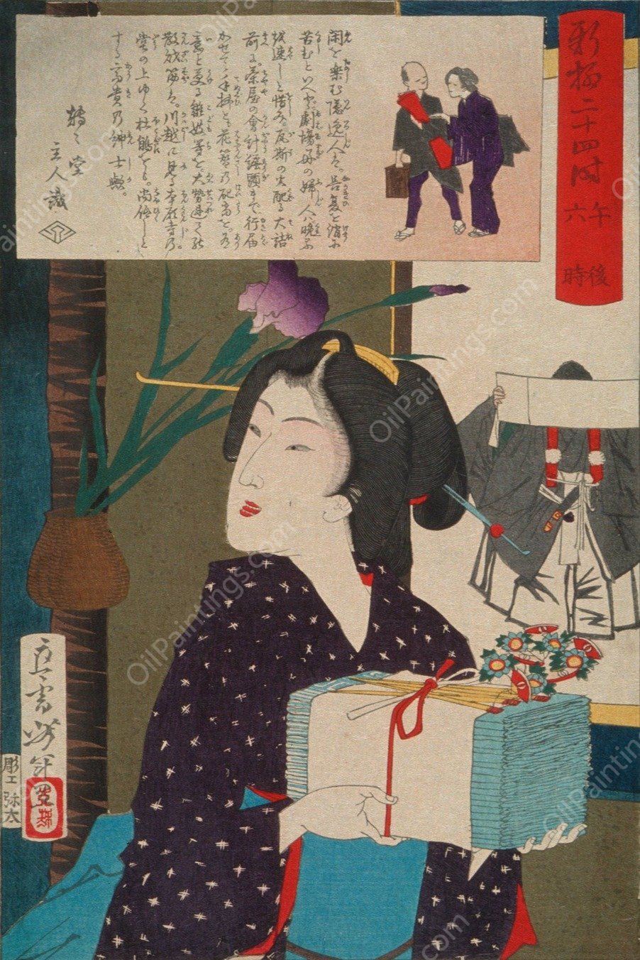 Geisha Carrying Hand Towels at 6:00 p.m.  by Tsukioka Yoshitoshi - Hand-Painted Oil Painting Reproduction