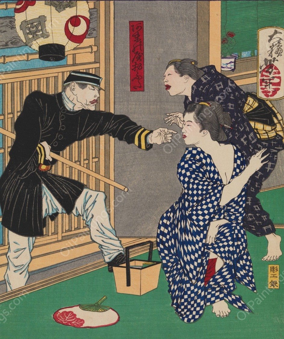 Geisha Ofusa of Amanoya Threatened with Arrest for Indecent Exposure on a Hot Evening  by Tsukioka Yoshitoshi - Hand-Painted Oil Painting Reproduction