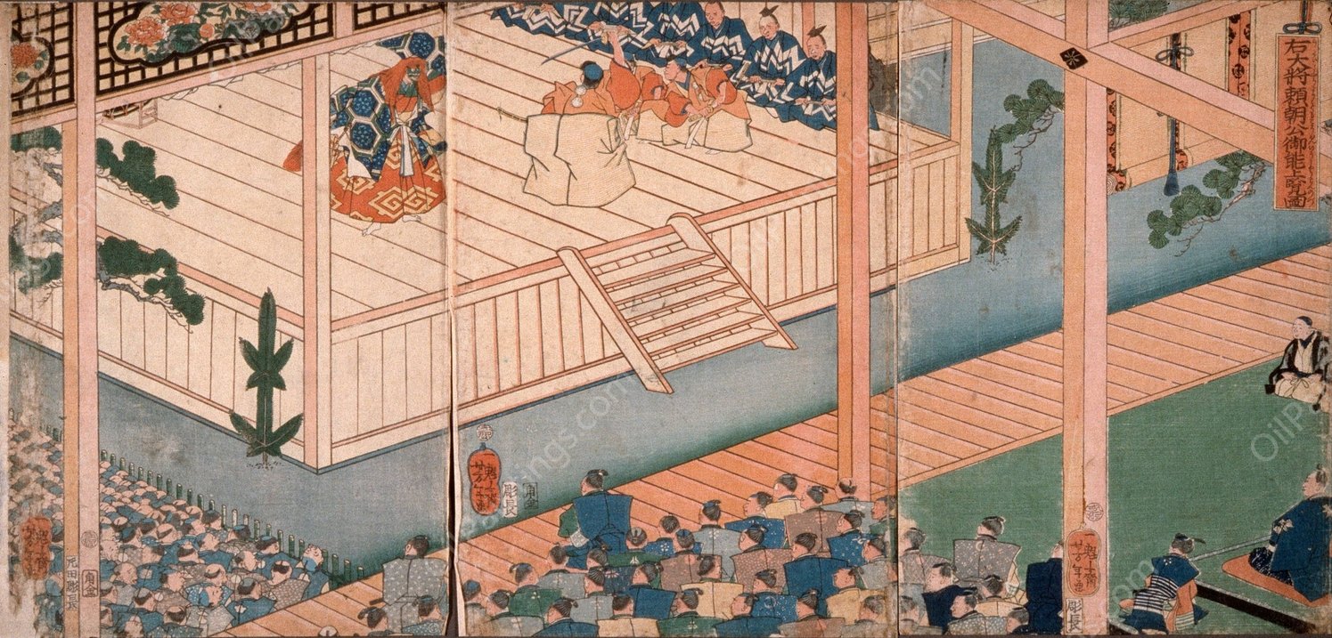 General of the Right Lord Yoritomo inspects a special No performance  by Tsukioka Yoshitoshi - Hand-Painted Oil Painting Reproduction