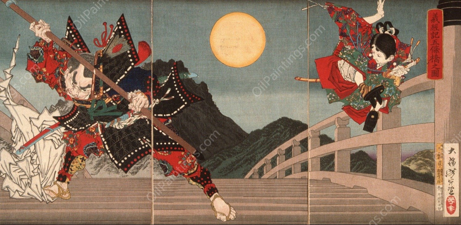 GojO Bridge, an Episode from the Life of Yoshitsune  by Tsukioka Yoshitoshi - Hand-Painted Oil Painting Reproduction