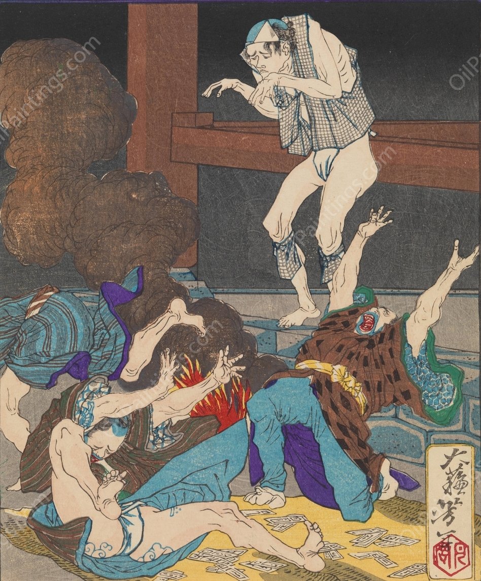 Guden Toku Revives after His Funeral and Terrifies a Group of Gamblers  by Tsukioka Yoshitoshi - Hand-Painted Oil Painting Reproduction