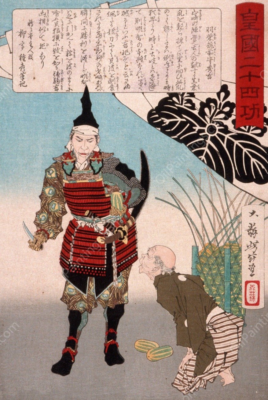 Hashiba Chikuzen no Kami Hideyoshi Cutting a Melon  by Tsukioka Yoshitoshi - Hand-Painted Oil Painting Reproduction