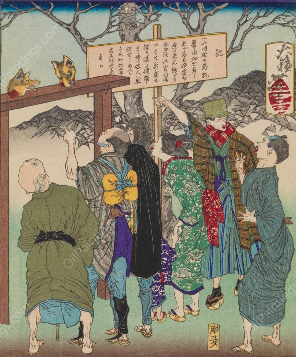 Heads of Two Foxes Decapitated for Too Much Merrymaking  by Tsukioka Yoshitoshi - Hand-Painted Oil Painting Reproduction