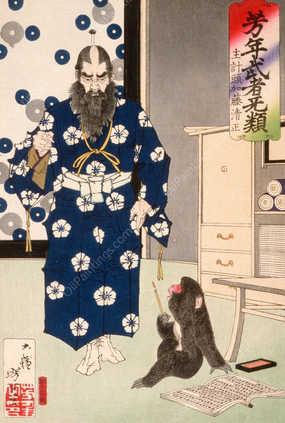 Kazuenokami Kato Kiyomasa Observing a Monkey with a Writing Brush  by Tsukioka Yoshitoshi - Hand-Painted Oil Painting Reproduction