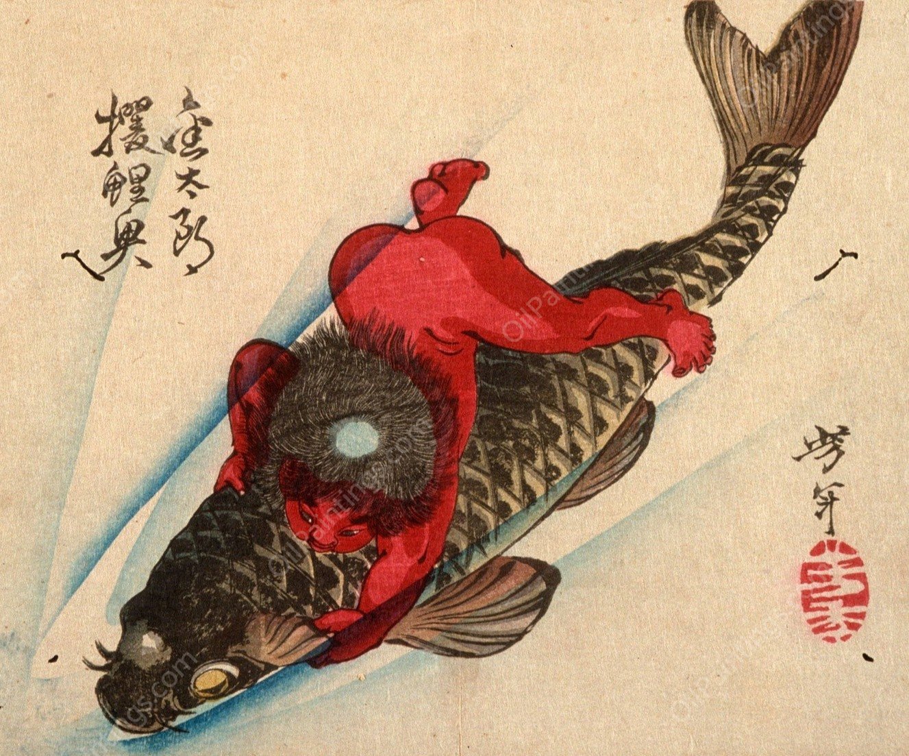 Kintaro Captures the Carp  by Tsukioka Yoshitoshi - Hand-Painted Oil Painting Reproduction