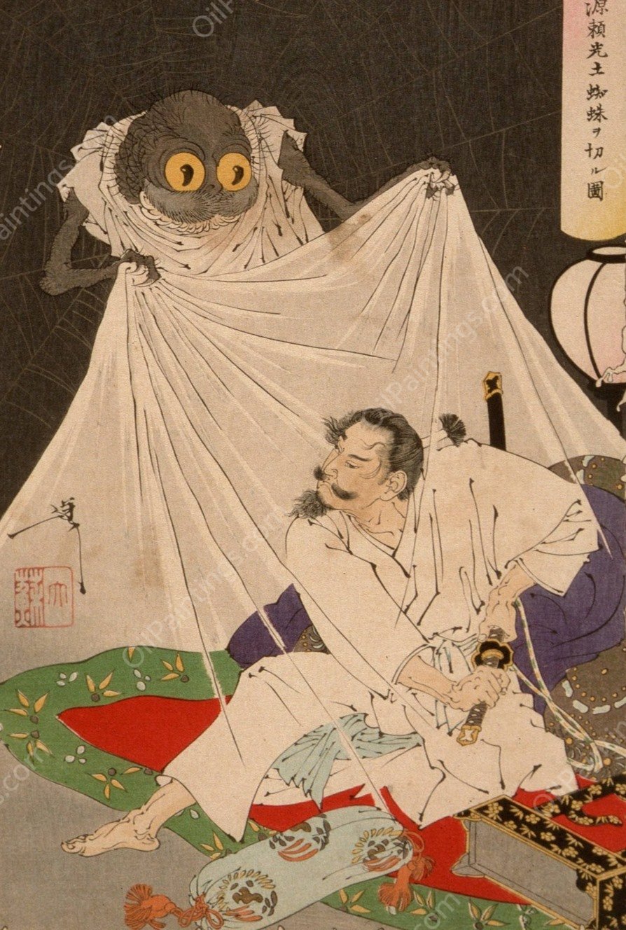 Minamoto no Yorimitsu Cuts at the Earth Spider  by Tsukioka Yoshitoshi - Hand-Painted Oil Painting Reproduction