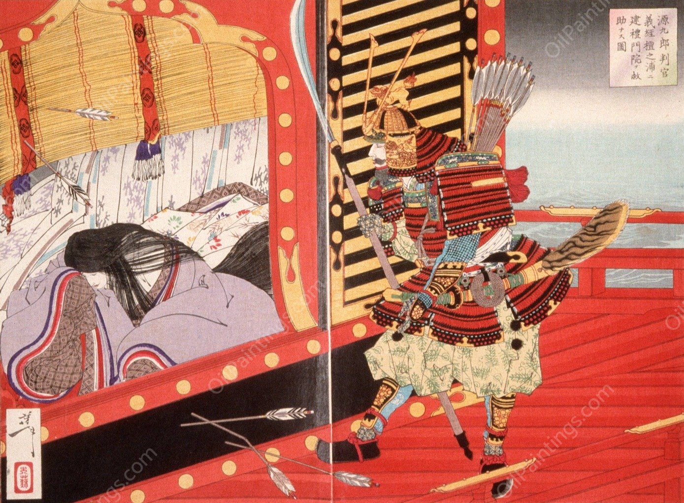 Minamoto no Yoshitsune Rescuing Kenrei Mon'in during the Battle of Dannoura  by Tsukioka Yoshitoshi - Hand-Painted Oil Painting Reproduction