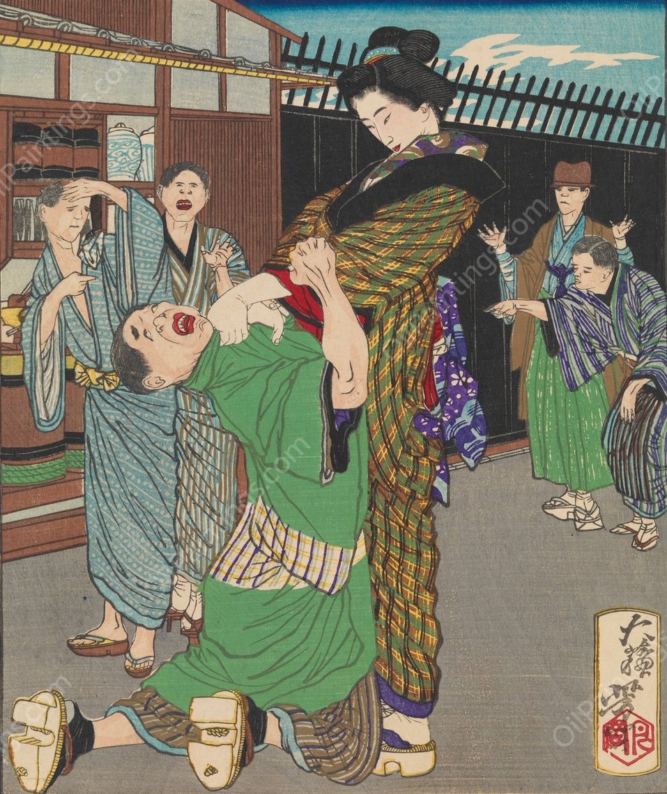 Miyamoto Hanako Chastening a Drunkard  by Tsukioka Yoshitoshi - Hand-Painted Oil Painting Reproduction