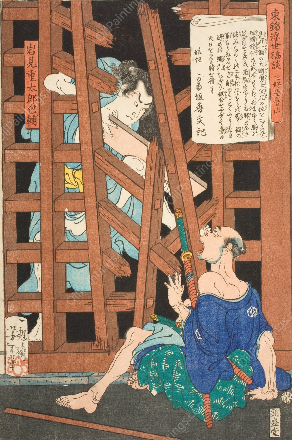 Miyoshiya Shunzan and Iwami Jutaro  by Tsukioka Yoshitoshi - Hand-Painted Oil Painting Reproduction