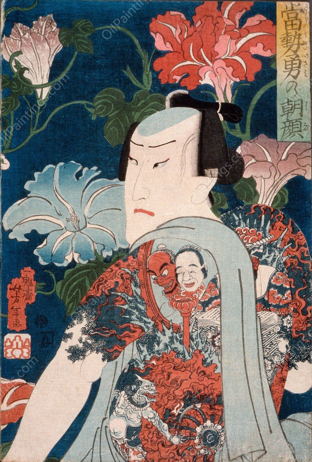 Modern Gallants with Morning Glories  by Tsukioka Yoshitoshi - Hand-Painted Oil Painting Reproduction