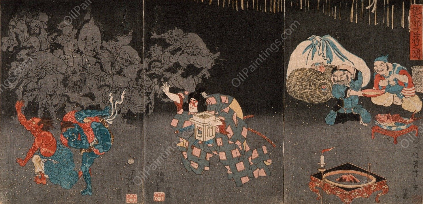 Momotaro Scattering Beans  by Tsukioka Yoshitoshi - Hand-Painted Oil Painting Reproduction