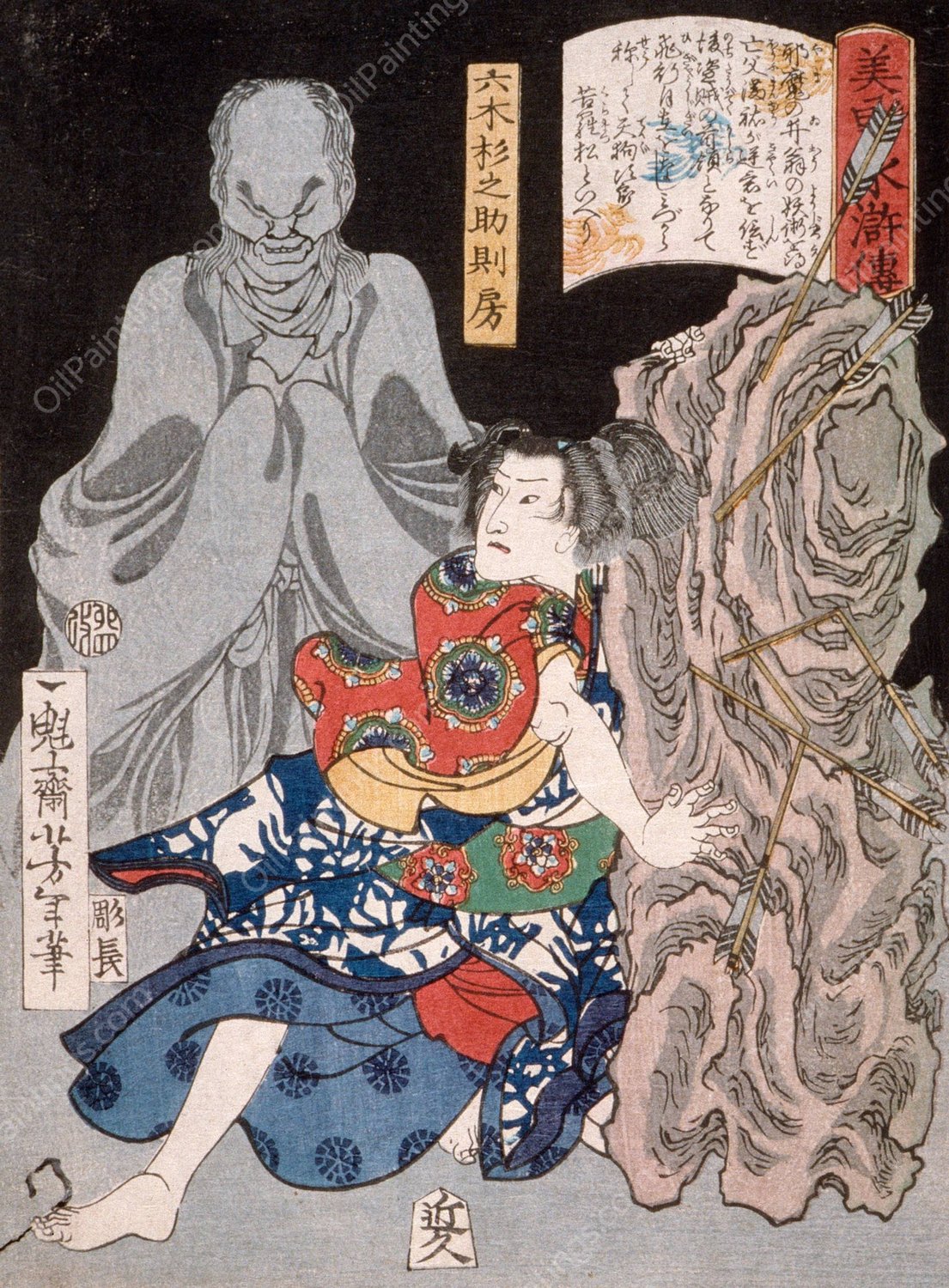 Mutsuki Suginosuke Norifusa with a Ghost  by Tsukioka Yoshitoshi - Hand-Painted Oil Painting Reproduction