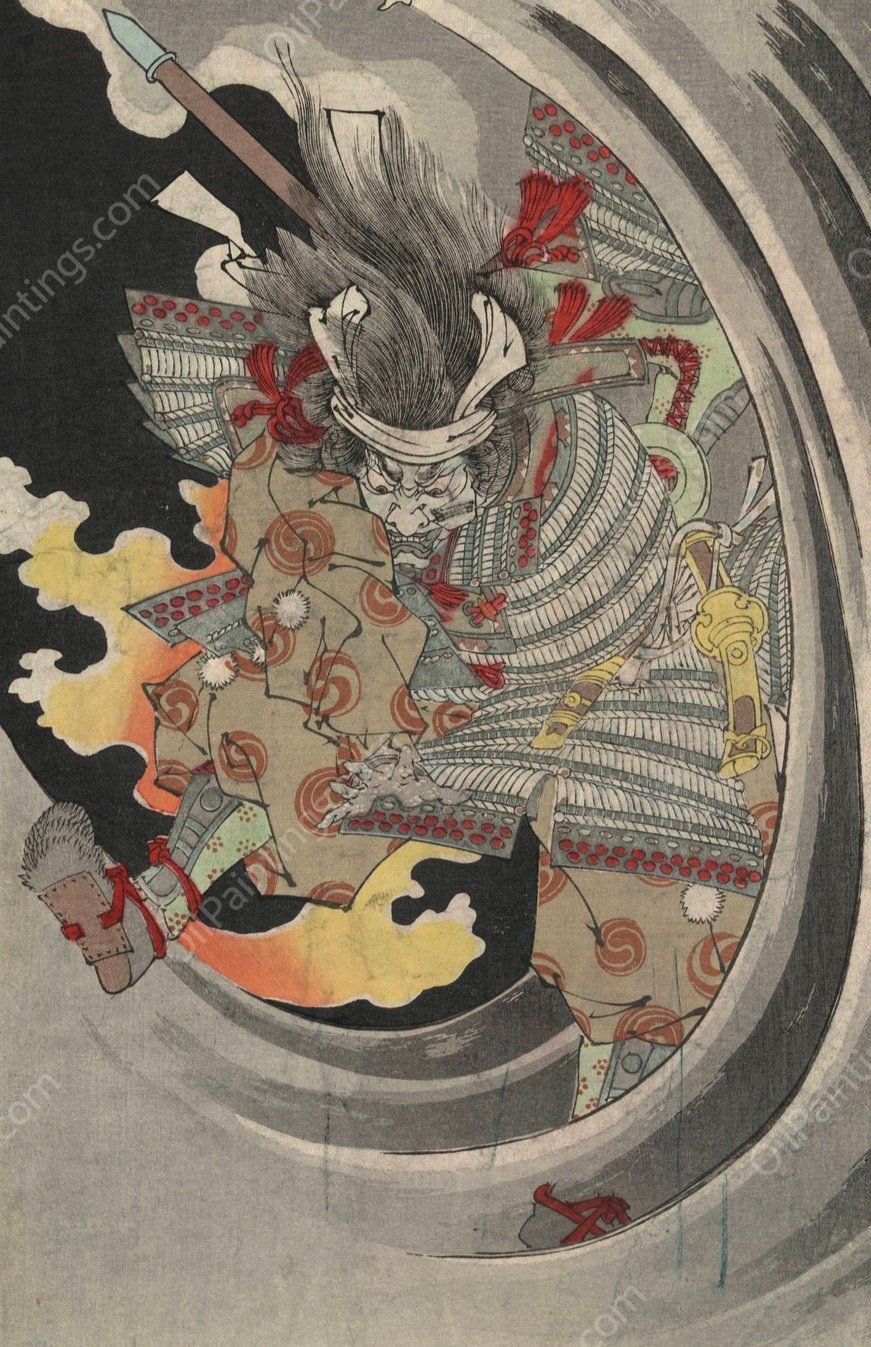 Nunobiki no Taki Akugenta Yoshihira no Naniwa Jiro o Utsu  by Tsukioka Yoshitoshi - Hand-Painted Oil Painting Reproduction