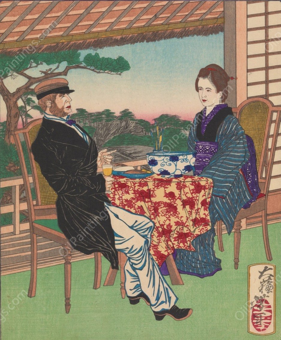 Okiyo, Daughter of a Gardener in Mukojima and a Foreigner  by Tsukioka Yoshitoshi - Hand-Painted Oil Painting Reproduction