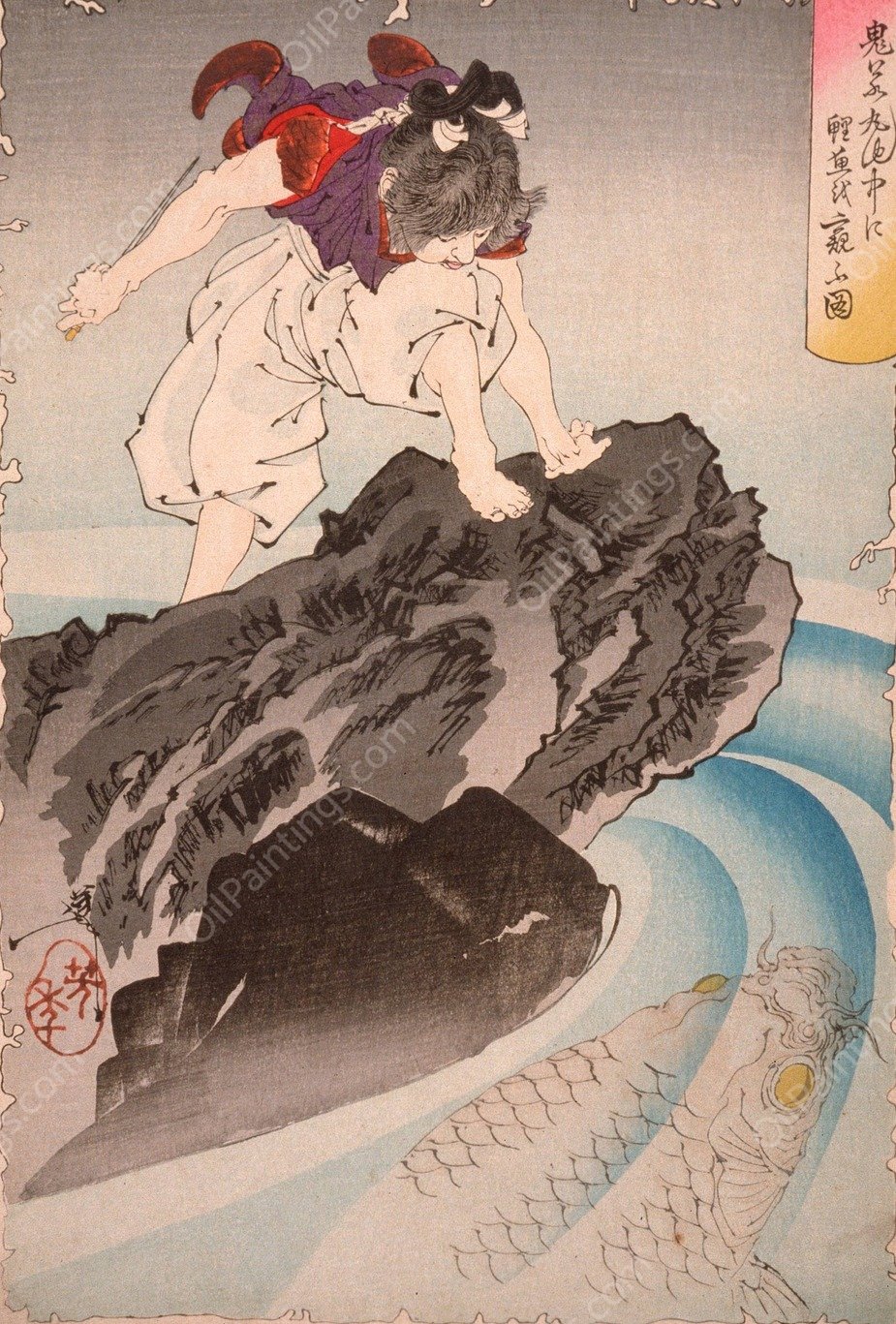 Oniwakamaru Observing the Great Carp in the Pond  by Tsukioka Yoshitoshi - Hand-Painted Oil Painting Reproduction