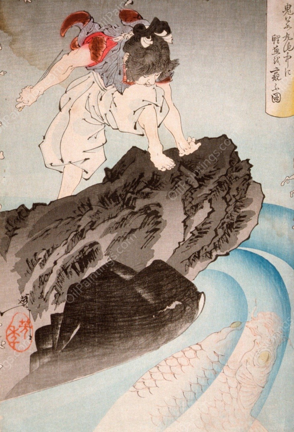 Oniwakamaru Observing the Great Carp in the Pond  by Tsukioka Yoshitoshi - Hand-Painted Oil Painting Reproduction