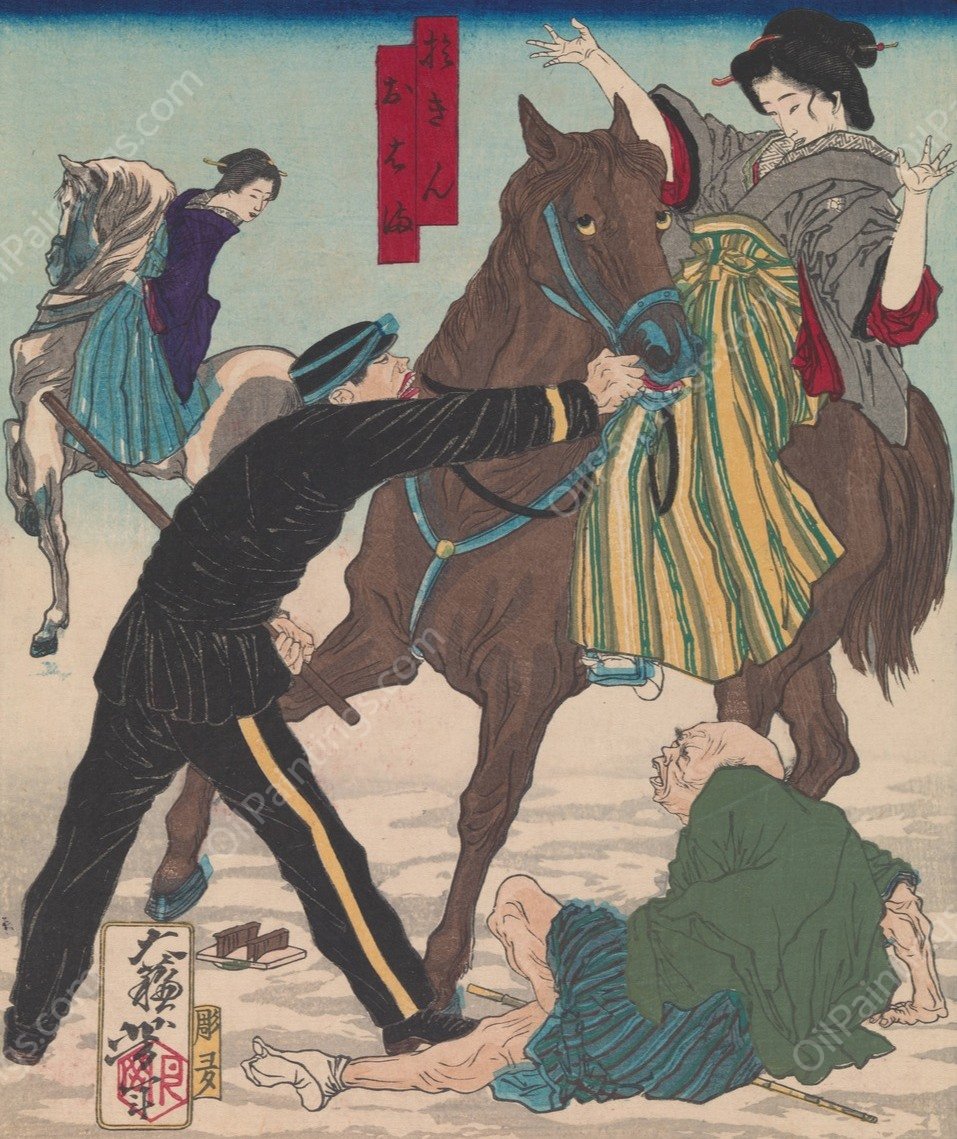 Police Arresting the Geisha Oharu and Okin for Injuring an Old Man While Galloping on Horseback  by Tsukioka Yoshitoshi - Hand-Painted Oil Painting Reproduction