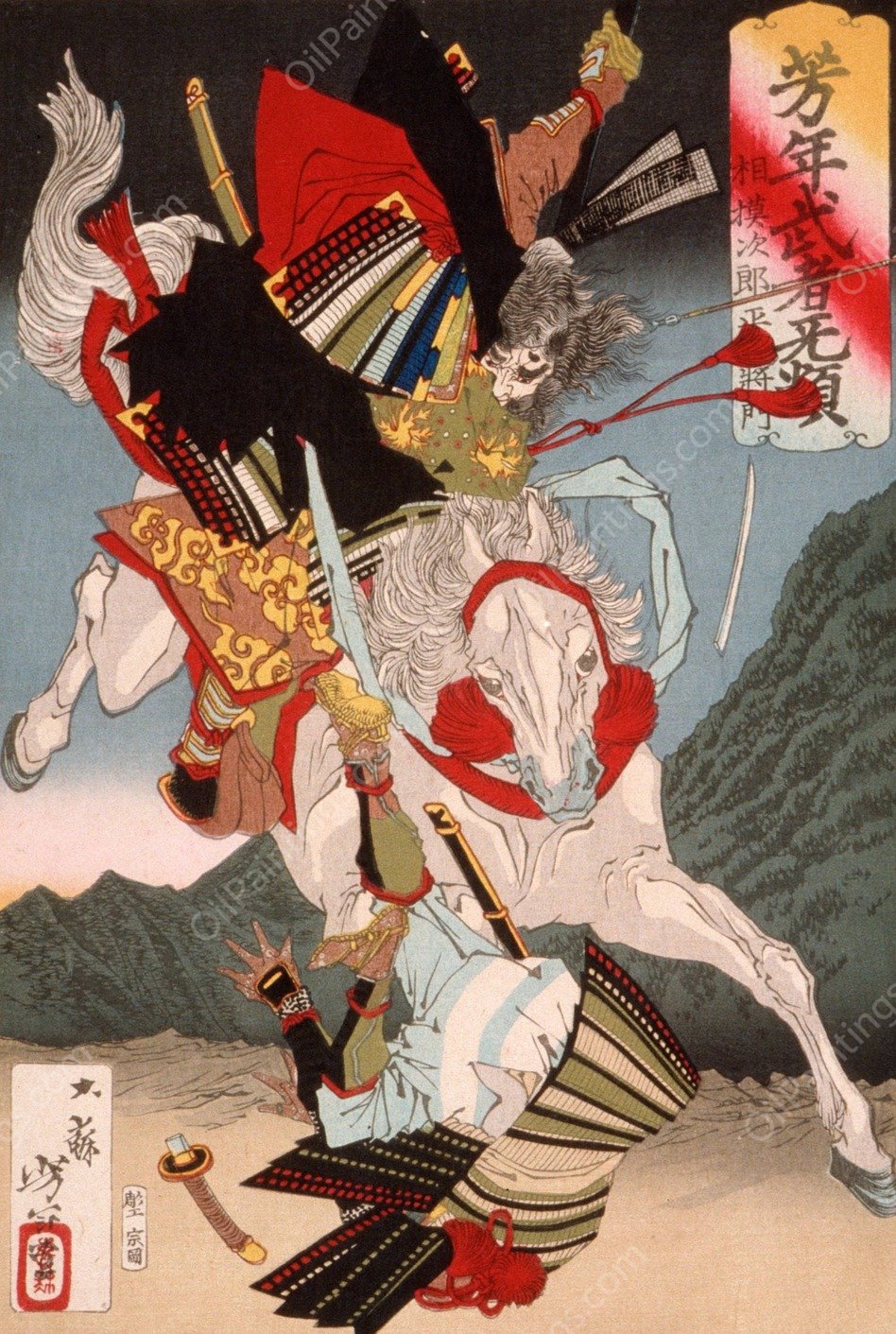 Sagami Jiro and Taira no Masakado Attacking an Opponent on Horseback  by Tsukioka Yoshitoshi - Hand-Painted Oil Painting Reproduction