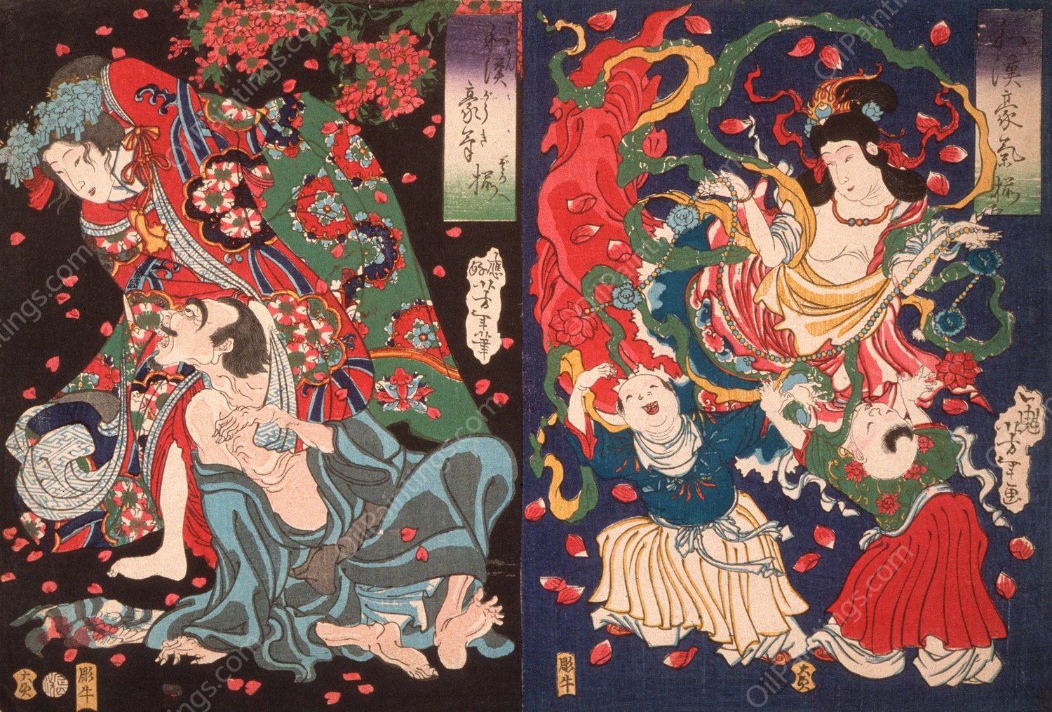 Seigen and Sakurahime; Angel with Two Children  by Tsukioka Yoshitoshi - Hand-Painted Oil Painting Reproduction