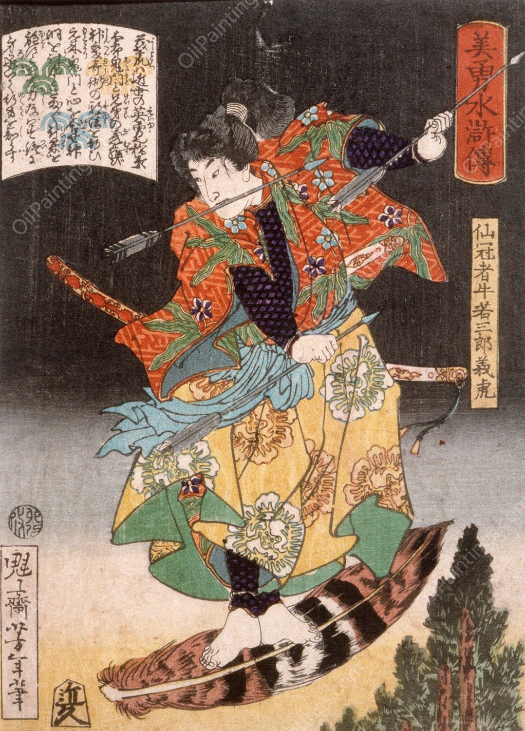 Senkanja Ushiwakasaburo Yoshitora Riding on a Feather  by Tsukioka Yoshitoshi - Hand-Painted Oil Painting Reproduction