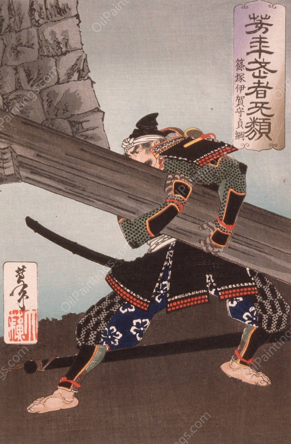 Shinozuka Iganokami Sadatsuna Lifting a Giant Beam  by Tsukioka Yoshitoshi - Hand-Painted Oil Painting Reproduction