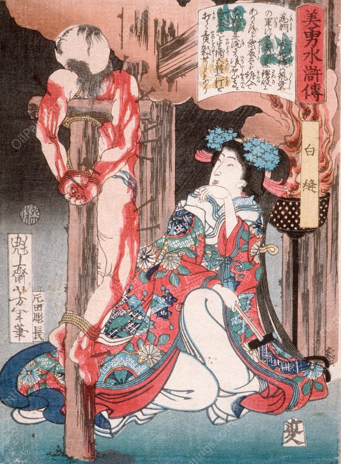 Shiranui Kneeling Beside a Crucified Man  by Tsukioka Yoshitoshi - Hand-Painted Oil Painting Reproduction