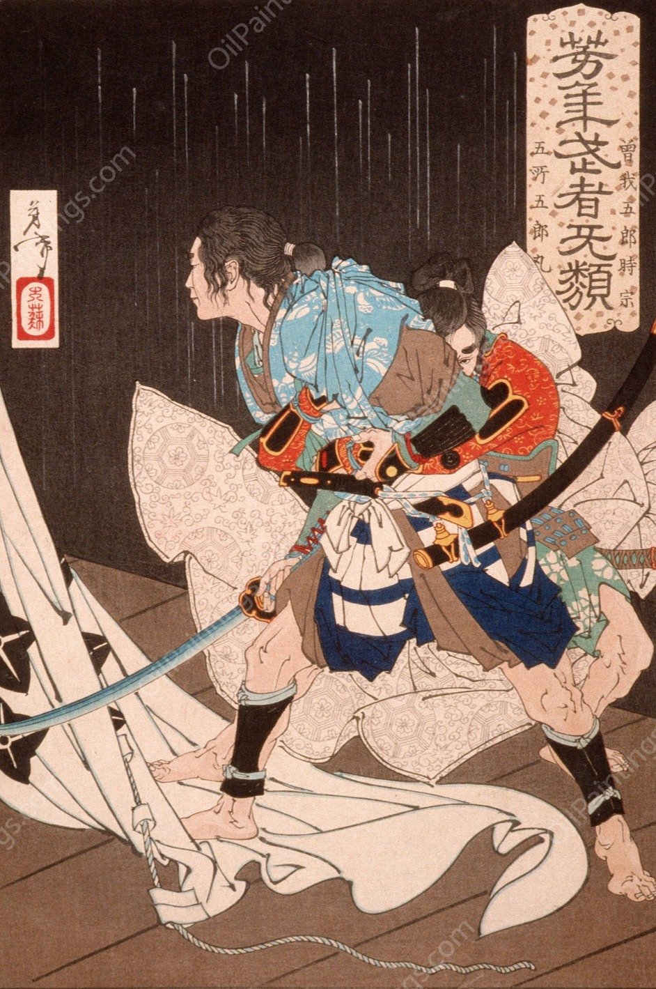 Soga no Goro Tokimune Held Back by Gosho no Goromaru  by Tsukioka Yoshitoshi - Hand-Painted Oil Painting Reproduction