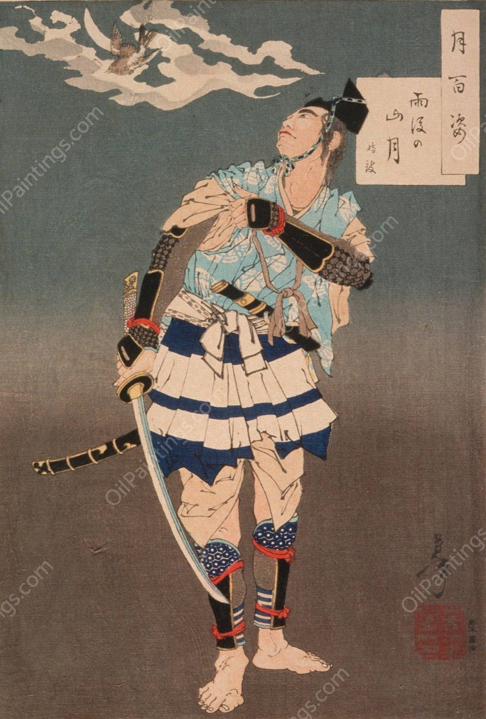 Soga no Goro Tokimune Viewing the Moon after Rain in the Mountains  by Tsukioka Yoshitoshi - Hand-Painted Oil Painting Reproduction