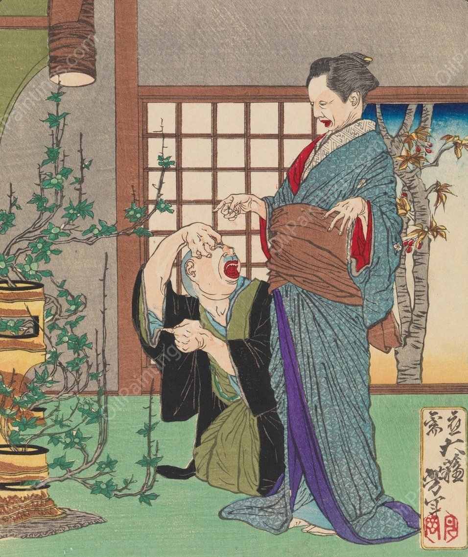 Sugihara Mino Astonished That Her Flower Arrangement Is Bearing Fruit  by Tsukioka Yoshitoshi - Hand-Painted Oil Painting Reproduction