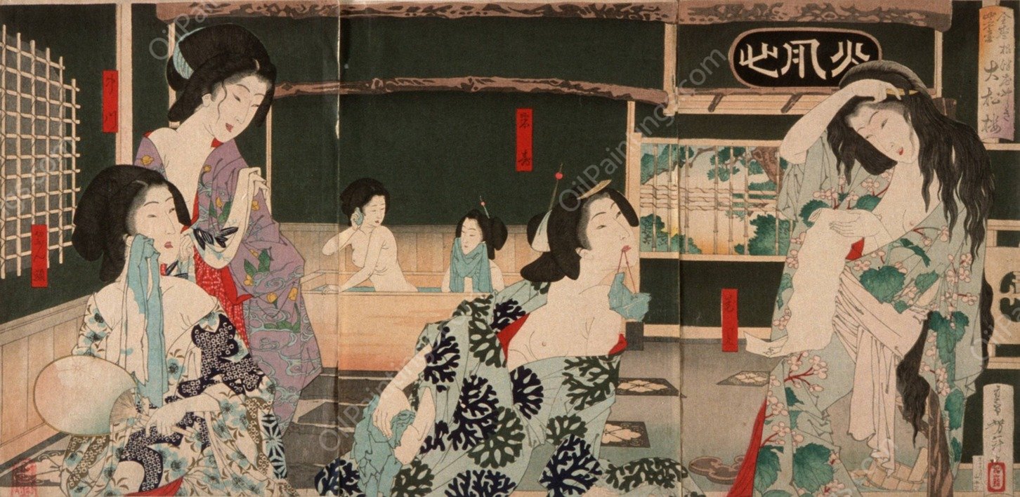 Summer; Women Bathing at the Daishoro  by Tsukioka Yoshitoshi - Hand-Painted Oil Painting Reproduction