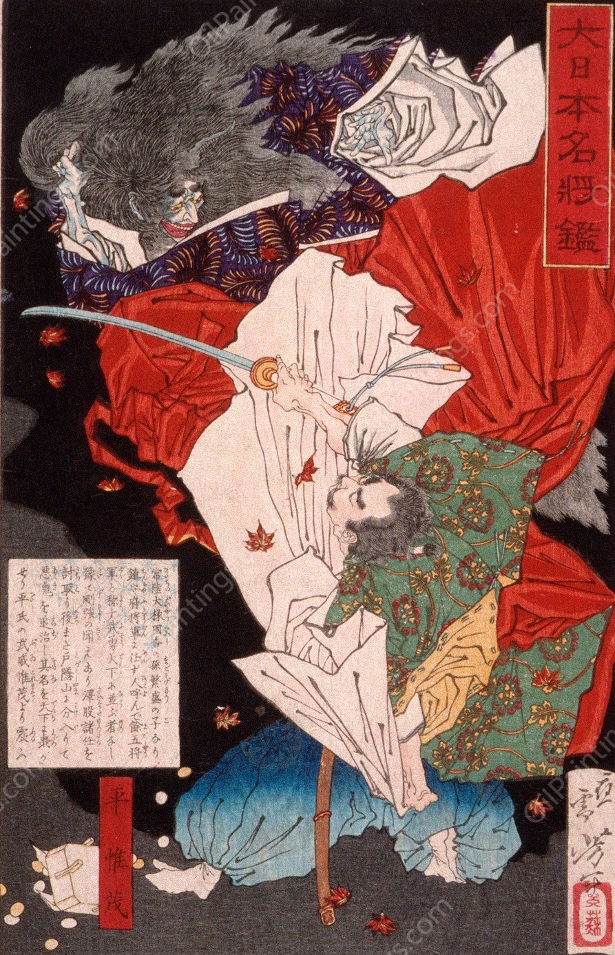 Taira no Koremori Slashing at a Demon  by Tsukioka Yoshitoshi - Hand-Painted Oil Painting Reproduction