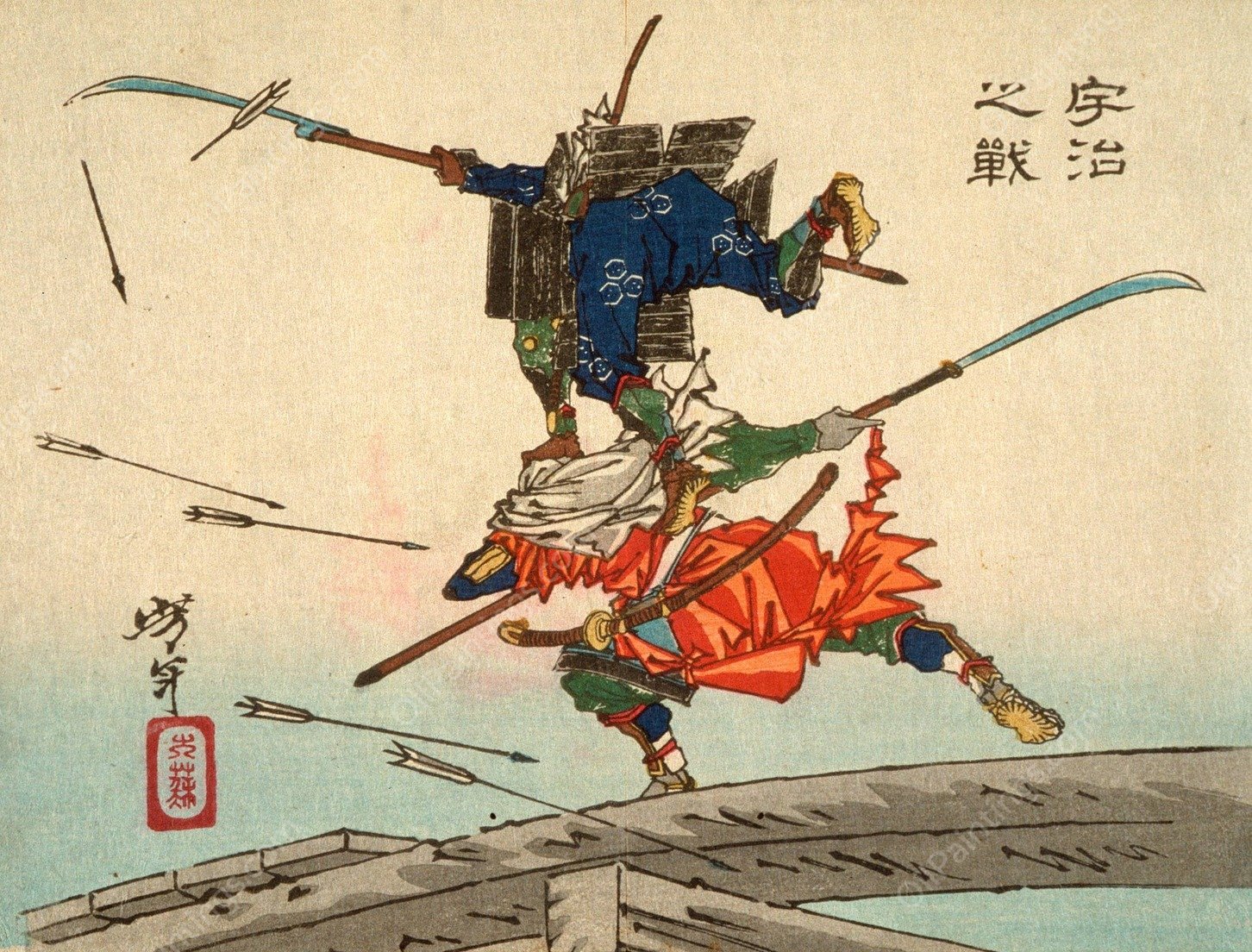 The Battle at Uji Bridge  by Tsukioka Yoshitoshi - Hand-Painted Oil Painting Reproduction