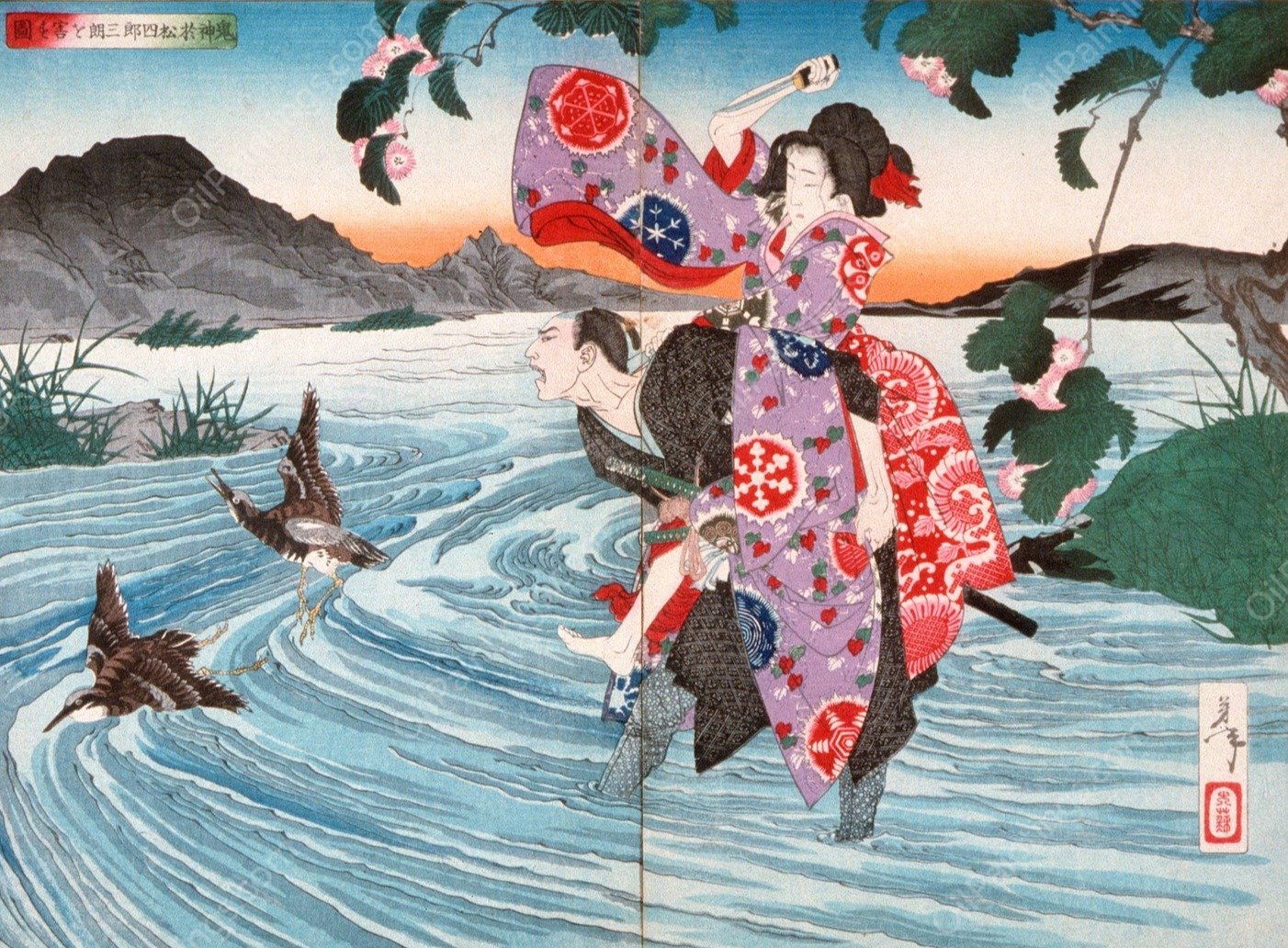 The Demon Omatsu Kills Shirosaburo in the Ford  by Tsukioka Yoshitoshi - Hand-Painted Oil Painting Reproduction