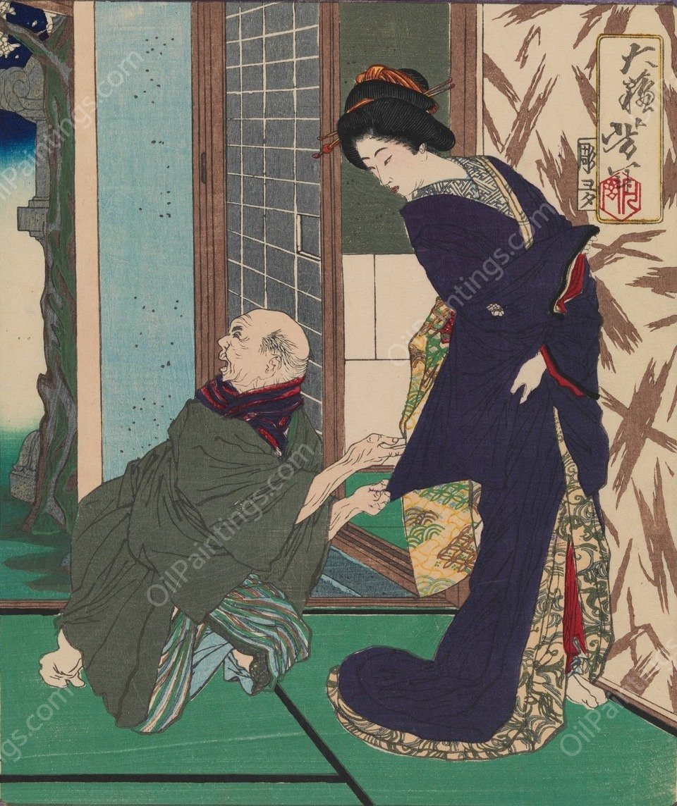 The Geisha Oiro Politely Refusing an Old Man's Proposal  by Tsukioka Yoshitoshi - Hand-Painted Oil Painting Reproduction