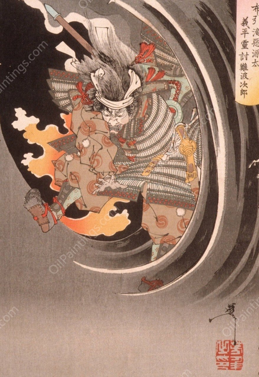 The Ghost of Akugenta Yoshihira Attacking His Executioner Namba Jiro at Nunobiki Waterfall  by Tsukioka Yoshitoshi - Hand-Painted Oil Painting Reproduction