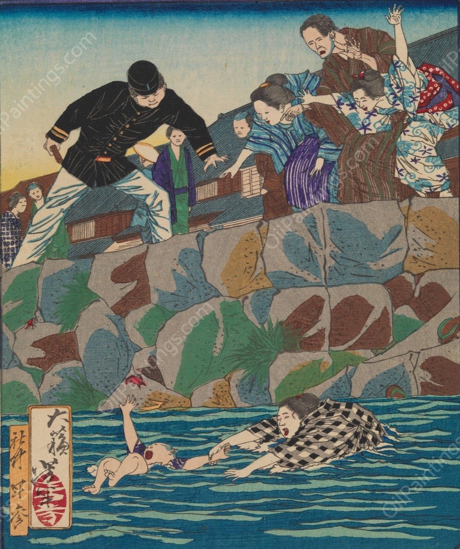The Girl Saku Rescuing a Baby from the River  by Tsukioka Yoshitoshi - Hand-Painted Oil Painting Reproduction