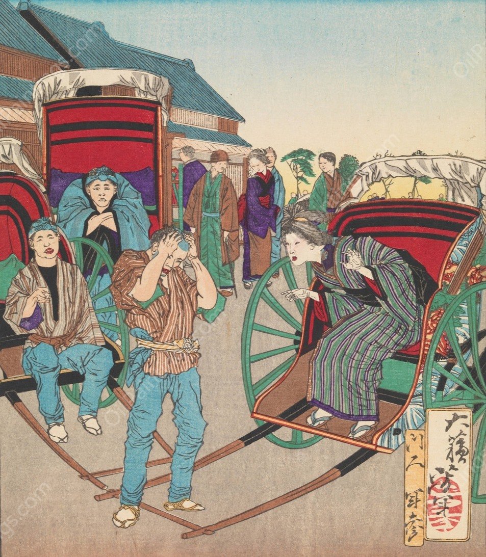 The Loyal Wife Koto Recognizes Her Long-Lost Husband as a Rickshaw Driver  by Tsukioka Yoshitoshi - Hand-Painted Oil Painting Reproduction